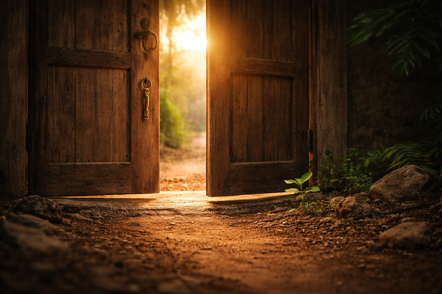 Open door to a sunlit path