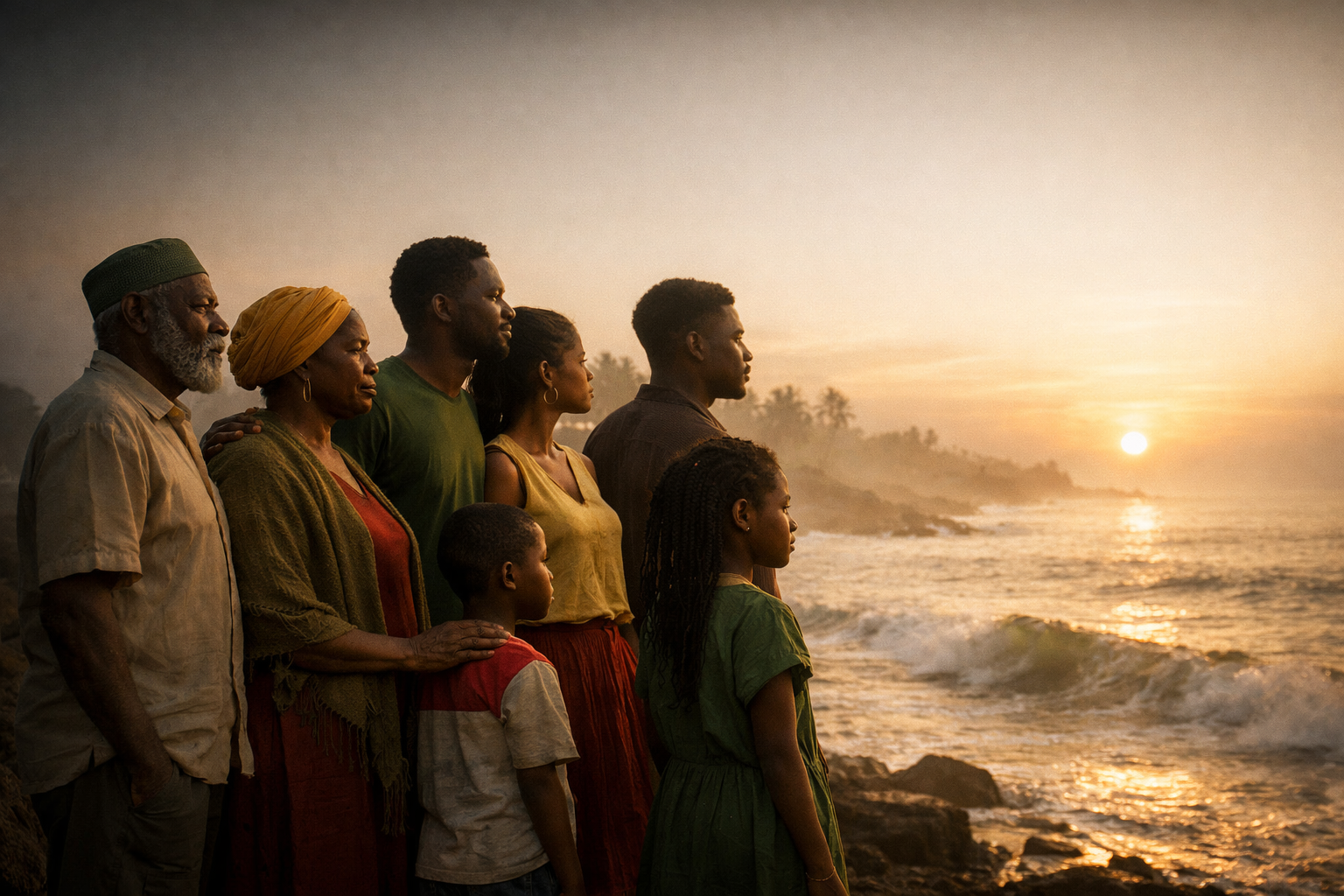 Multi-generational Black diaspora family at an African coastline at sunrise